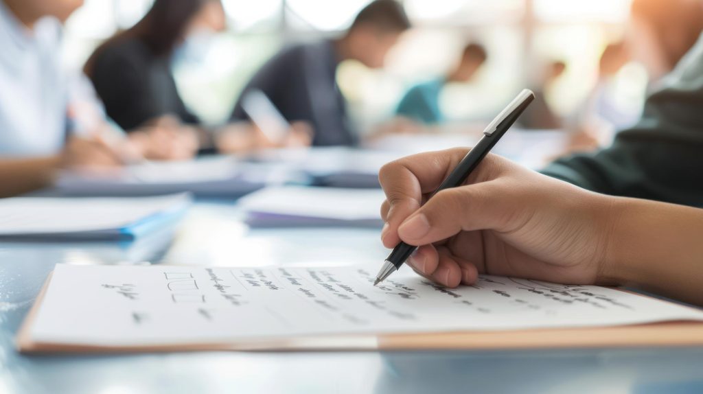 student writing with pen paper university classroom while sitting desk 781928 3512